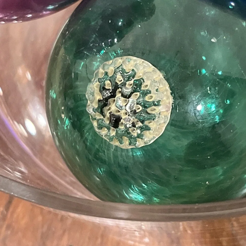 Lot Of 3 Vintage Hand Blown Green Purple Glass Fishing Net Ball Floats Japanese